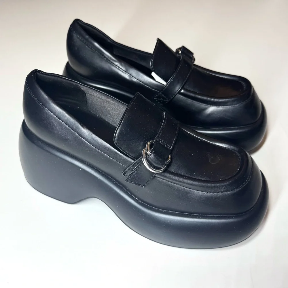 CHARLES & KEITH Women’s Buckled Black Platform Penny Loafers Shoes Size- 38